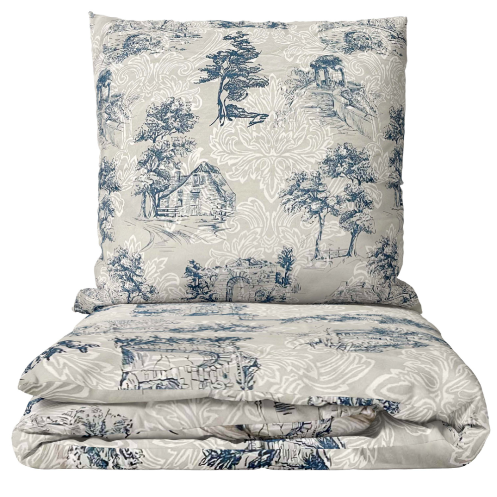 Voodipesu komplekt "Toile De Jouy Classic". Voodipesu komplektid 140x200, 140x200 cm, 200x200 cm, 200x220 cm. Voodipesukomplekt klassikalise sinise maastikumustriga hallil taustal.