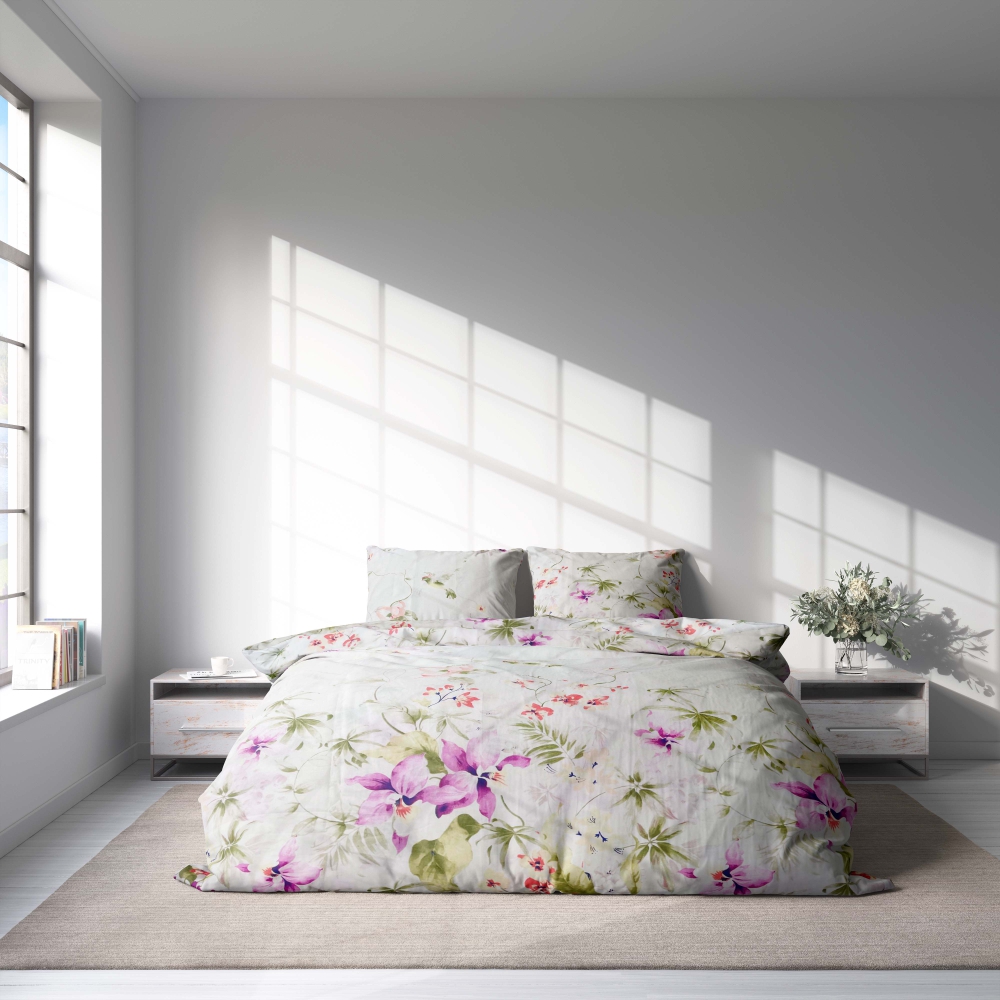 Voodipesu komplekt "Tropic Dreams". Puuvillane voodipesu, 180x200 cm, 200x220 cm. Valge voodipesu komplekt, mida kaunistab kaunis roosa ja roheline eksootiliste lillede muster.