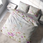 Voodipesu komplekt "Tropic Dreams". Puuvillane voodipesu, 180x200 cm, 200x220 cm. Šikk valge voodipesu komplekt, mis on kaunistatud elava roosa ja rohelise tooniga eksootiliste lilledega.