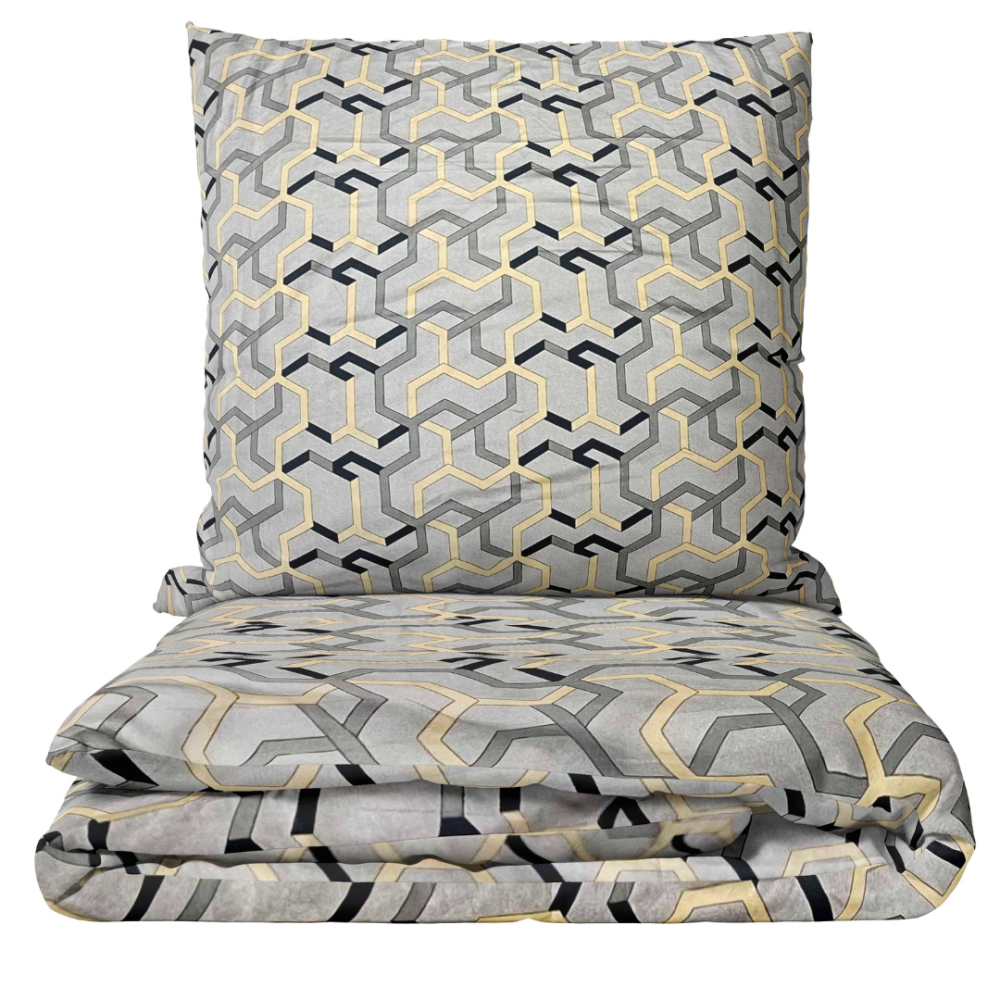 Voodipesu komplekt "Vibe". Voodipesu komplektid 140x200, 140x200 cm, 200x200 cm, 200x220 cm. Voodipesukomplekt modernse geomeetrilise mustriga beežil taustal, hallide ja mustade detailidega.