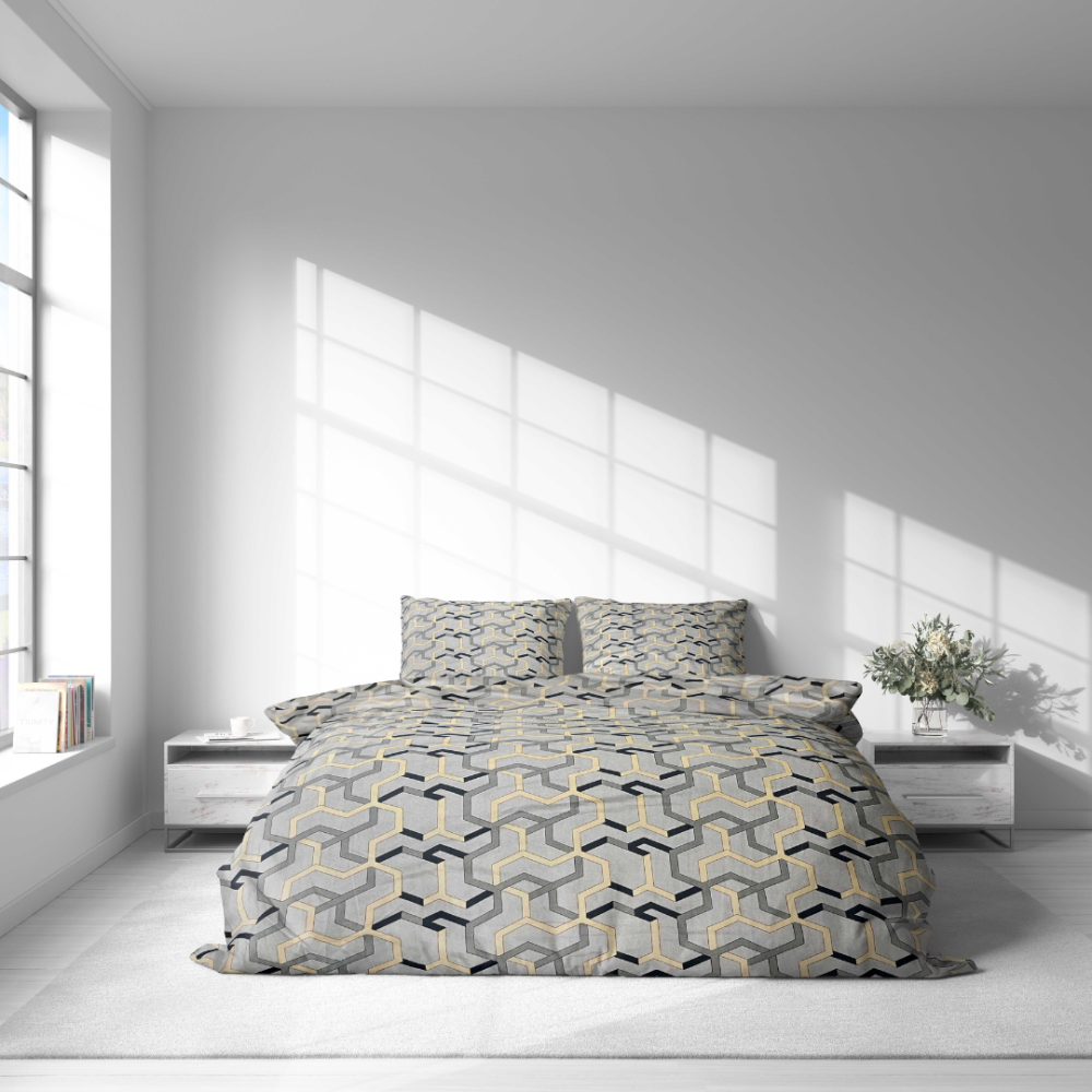 Voodipesu komplekt "Vibe". Voodipesu komplektid 140x200, 140x200 cm, 200x200 cm, 200x220 cm. Kaheinimese voodipesukomplekt peene kollase ja musta geomeetrilise motiiviga.