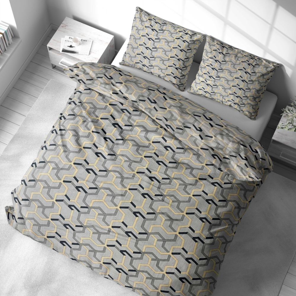Voodipesu komplekt "Vibe". Voodipesu komplektid 140x200, 140x200 cm, 200x200 cm, 200x220 cm. Puuvillane voodipesukomplekt modernse halli, kollase ja musta geomeetrilise kompositsiooniga.