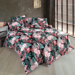 Voodipesu komplekt "Walter Pink". Puuvillane voodipesu, 140x200 cm, 200x200 cm, 200x220 cm. Musta taustaga voodipesu komplekt, mida kaunistavad erksad roosad lilled ja lopsakad rohelised lehed, mis loovad silmatorkava ja elava kujunduse.