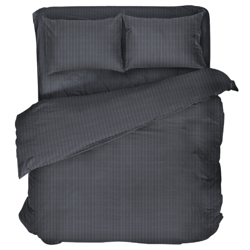 Premium satiinist voodipesu komplekt "Graphite Stripe Satin“. Satiinist voodipesu, 140x200 cm, 200x200 cm. Tumesinine voodipesukomplekt peente vertikaalsete triipudega ja satäänilise läikega.
