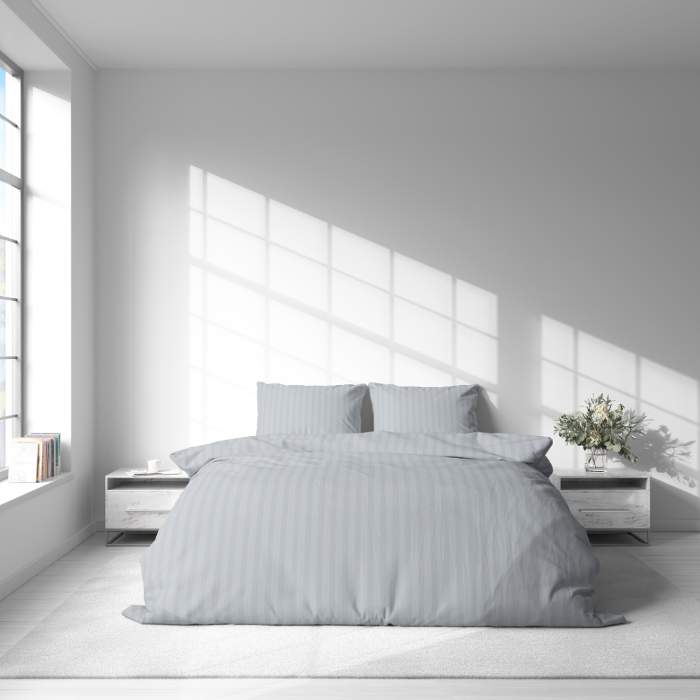 Premium satiinist voodipesu komplekt "Light Gray Stripe Satin“. Satiinist voodipesu, 140x200 cm, 200x200 cm. Moodne puuvillane komplekt heledate triipudega.