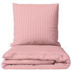 Premium satiinist voodipesu komplekt "Seashell Pink Stripe Sateen". Mako satiin voodipesu, 140x200 cm, 150x200 cm, 160x200 cm, 180x200 cm, 200x200 cm, 200x220 cm, 220x240 cm. Roosakaskoralliline triibuline voodipesukomplekt helges ja rahulikus ruumis