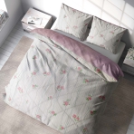 Satiinist voodipesu komplekt "Charming". Satiinist voodipesu, 140x200 cm, 150x200 cm, 160x200 cm, 180x200 cm, 200x200 cm, 200x220 cm. Valge voodipesu peente roosade rooside ja väikeste lilledega hallidel joontel.