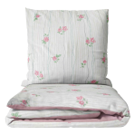 Satiinist voodipesu komplekt "Charming". Satiinist voodipesu, 140x200 cm, 150x200 cm, 160x200 cm, 180x200 cm, 200x200 cm, 200x220 cm. Šikk valge voodipesu roosade roosade ja väikeste lilledega vertikaalsetel hallidel joontel.