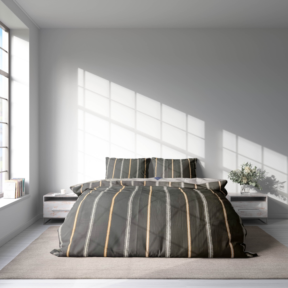 Satiinist voodipesu komplekt "Tones". Satiinist voodipesu, 140x200 cm, 150x200 cm, 160x200 cm, 180x200 cm, 200x200 cm, 200x220 cm. Modernne tumehall voodipesu komplekt, millel on stiilsed vertikaalsed jooned halli, valge ja oranži värvipaletis.