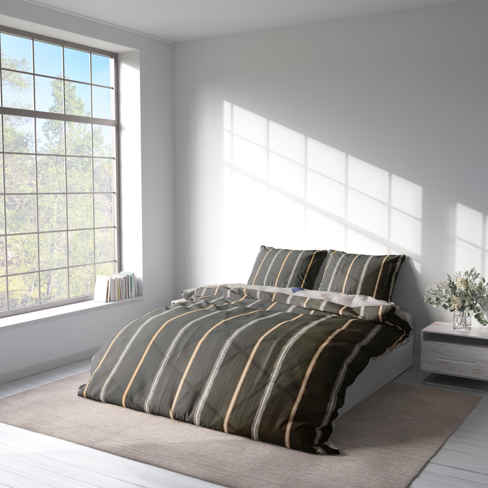 Satiinist voodipesu komplekt "Tones". Satiinist voodipesu, 140x200 cm, 150x200 cm, 160x200 cm, 180x200 cm, 200x200 cm, 200x220 cm. Elegantne tumehall vertikaalsete joontega voodipesu, mis on rõhutatud halli, valge ja peene oranži tooniga