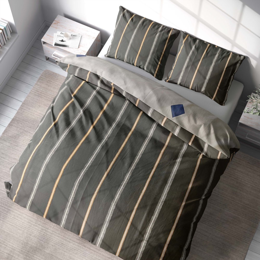 Satiinist voodipesu komplekt "Tones". Satiinist voodipesu, 140x200 cm, 150x200 cm, 160x200 cm, 180x200 cm, 200x200 cm, 200x220 cm. Kaasaegne tumehall voodipesu, millel on šikkad vertikaalsed jooned halli, valge ja oranži varjundiga.