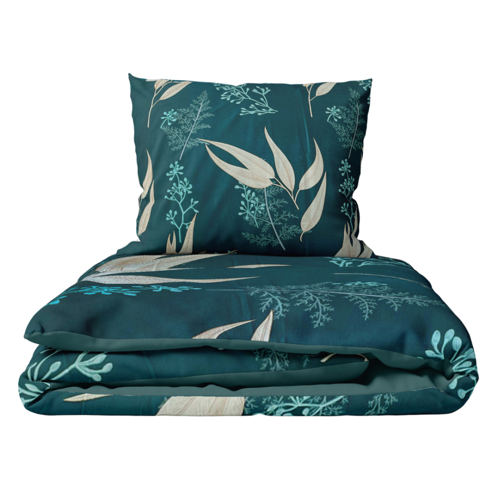 Voodipesu komplekt "Verdure". Voodipesu komplektid 140x200, 140x200 cm, 200x200 cm, 200x220 cm. Tumeroheline voodipesu komplekt graatsiliste lilleelementidega, mis sobib ideaalselt teie magamistoa kaunistamiseks loodusest inspireeritud elegantsiga.