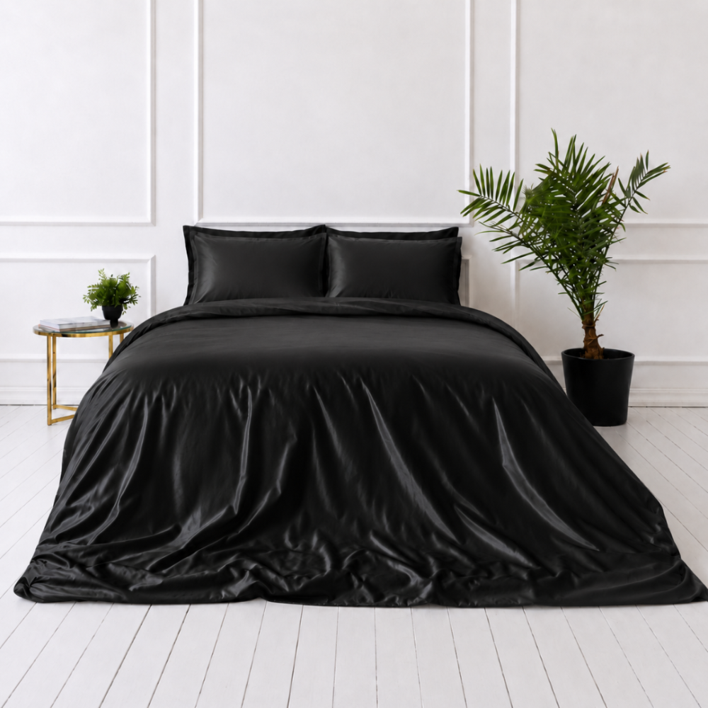 Siidist voodipesu komplekt "Onyx Silk". Ühevärviline voodipesu, 200x220 cm. Elegantne musta värvi siidist voodipesukomplekt rikkaliku läike ja sileda pinnaga. Siidist voodipesu komplekt "Onyx Silk". Ühevärviline voodipesu, 200x220 cm. Elegantne musta värvi siidist voodipesukomplekt rikkaliku läike ja sileda pinnaga.