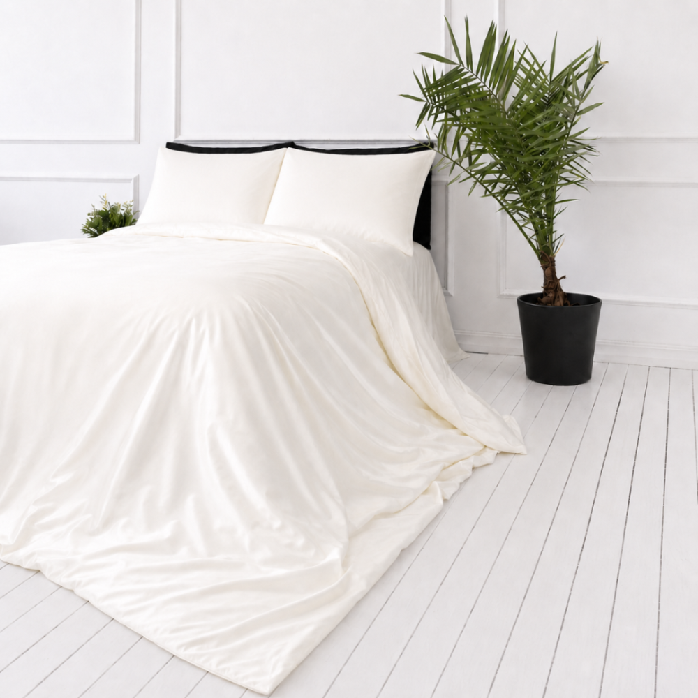 Siidist voodipesu komplekt "Pearl White Silk". Ühevärviline voodipesu, 200x220 cm. Elegantne kreemjas voodipesukomplekt siidise läikega.