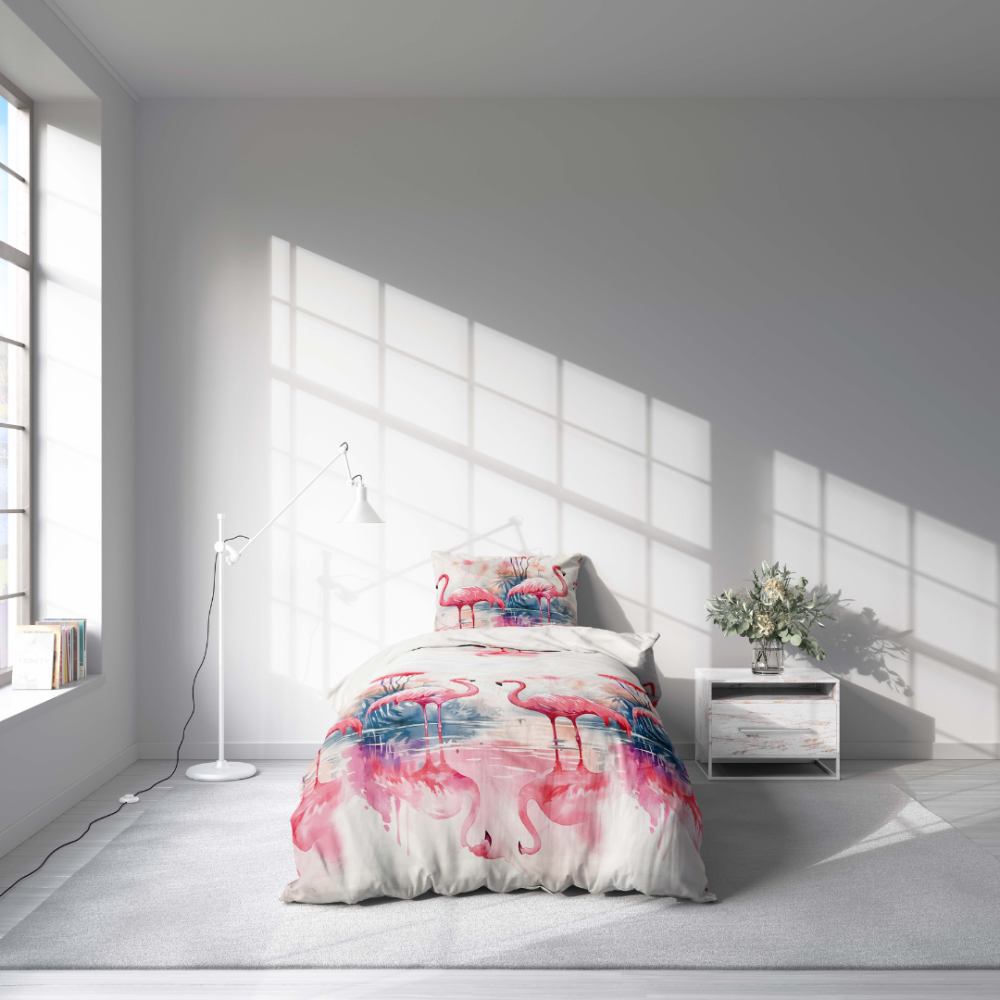 Laste voodipesu komplekt "Flamingo Paradise". Laste voodipesu, 140x200 cm. Lilled ja troopilised palmid koos flamingodega loovad sooja ja lõbusa disaini, mis sobib ideaalselt laste magamistuppa.