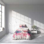 Laste voodipesu komplekt "Flamingo Paradise". Laste voodipesu, 140x200 cm. Lilled ja troopilised palmid koos flamingodega loovad sooja ja lõbusa disaini, mis sobib ideaalselt laste magamistuppa.