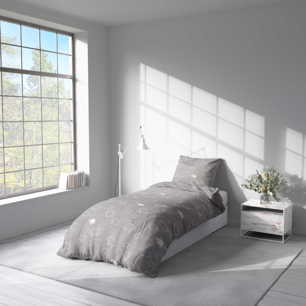 Ühekordne voodipesu komplekt "Lunar Sheep". Hall voodipesu, 140x200 cm, 150x200 cm, 160x200 cm. Helehall voodipesu minimalistliku lambamotiiviga