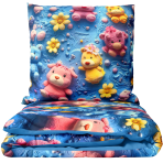 Laste voodipesu komplekt "Sweet Companions". Mustriline voodipesu, 140x200 cm, 150x200 cm, 160x200 cm. Ere-sinine voodipesukomplekt värviliste karude ja lilledega.