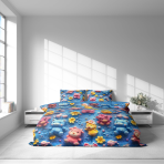 Laste voodipesu komplekt "Sweet Companions". Mustriline voodipesu, 140x200 cm, 150x200 cm, 160x200 cm. Sinine taust kollaste, roosade ja siniste karudega.