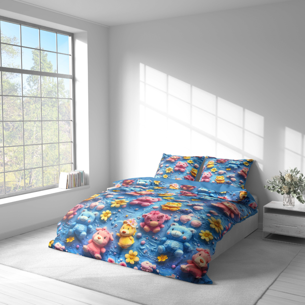 Laste voodipesu komplekt "Sweet Companions". Mustriline voodipesu, 140x200 cm, 150x200 cm, 160x200 cm. Laste voodipesu mängulise karu- ja lilleteemalise mustriga.
