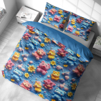 Laste voodipesu komplekt "Sweet Companions". Mustriline voodipesu, 140x200 cm, 150x200 cm, 160x200 cm. Lõbus ja värvikas voodipesukomplekt lillede ja mänguasjade motiiviga.