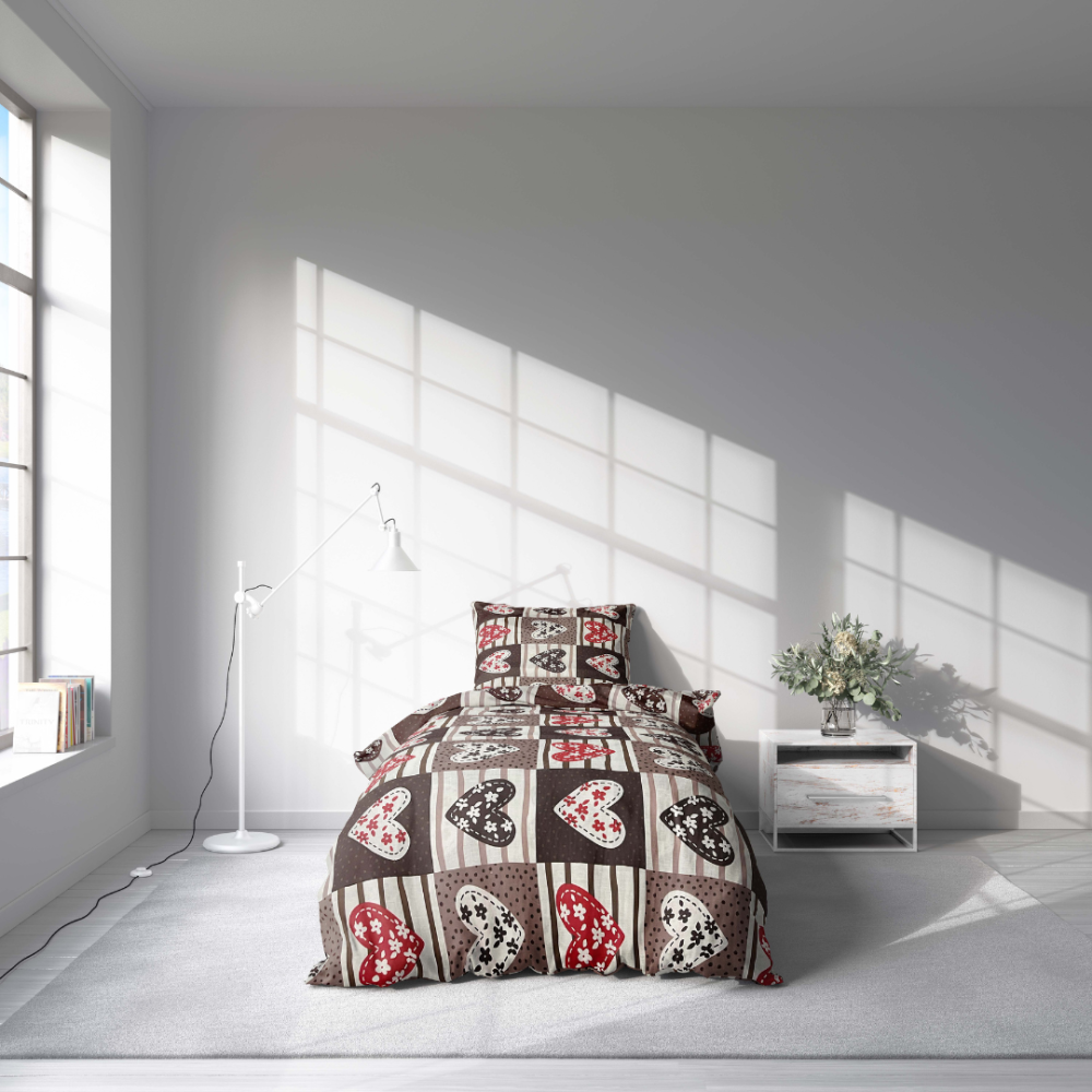Beebi voodipesu "Brown love tiles". Beebi voodipesu komplektid, 100x140 cm. Värvikas voodipesu komplekt südame mustritega pruunides toonides ja lillede kujundusega, andes mängulise, kuid elegantsi aktsendi teie magamistuppa.
