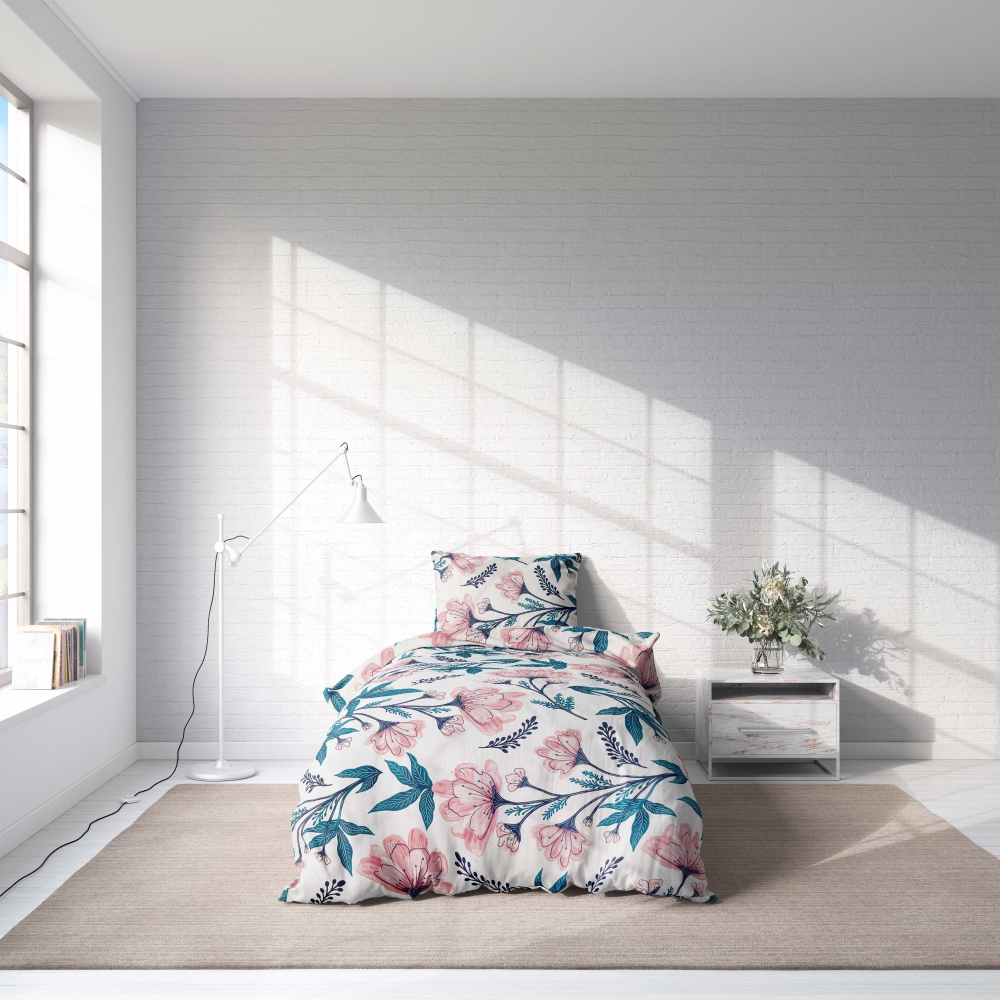Ühekordne voodipesu komplekt "Elegant". Voodipesu komplektid 140x200, 140x200 cm. Elegantne valge voodipesu komplekt, millel on rohelised lillevarred ja roosad õied, mis sobib suurepäraselt värskendavaks sisustuseks.