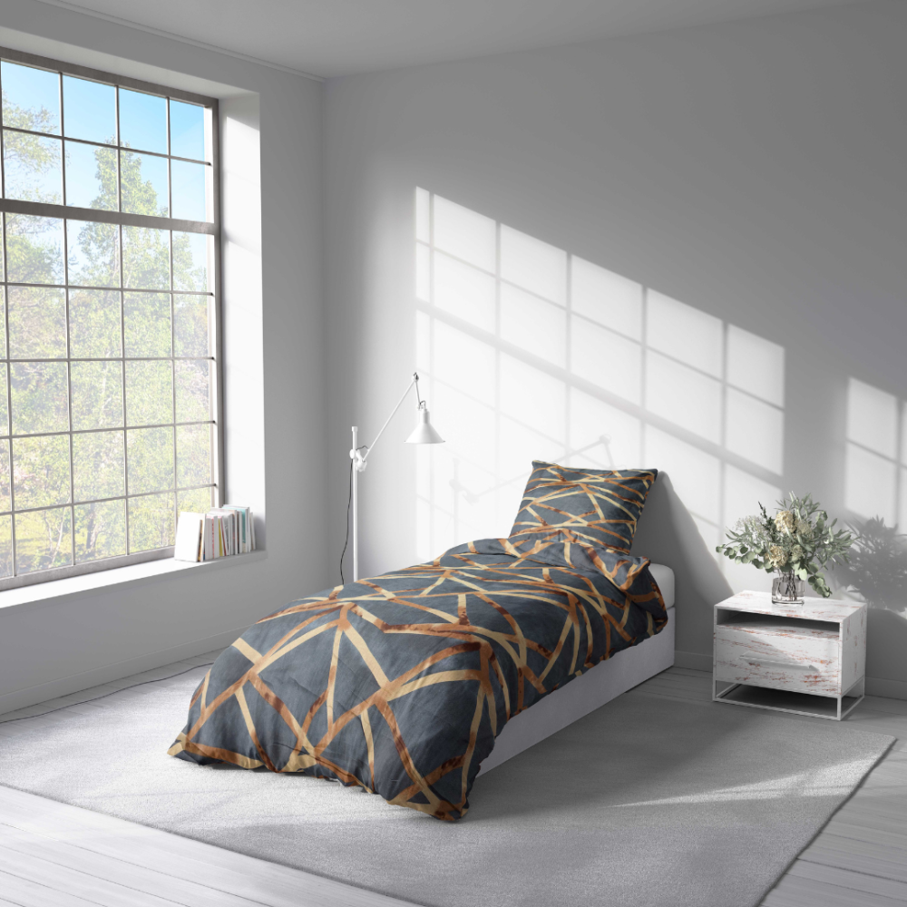 Ühekordne voodipesu komplekt "Zafirion". Hall voodipesu, 140x200 cm, 150x200 cm, 160x200 cm. Grafiiditooni voodipesu geomeetriliste kuldsete triipudega. Ühekordne voodipesu komplekt "Zafirion". Hall voodipesu, 140x200 cm, 150x200 cm, 160x200 cm. Grafiiditooni voodipesu geomeetriliste kuldsete triipudega.