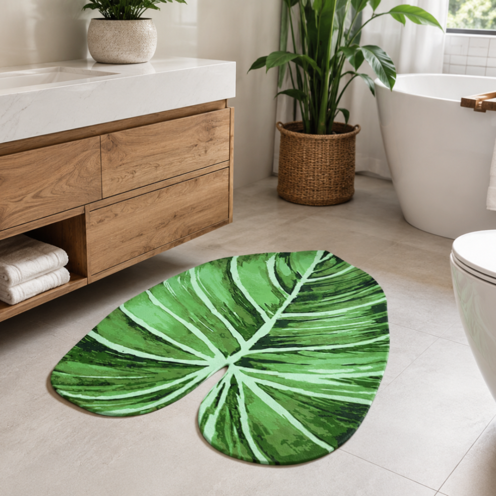 Vannimatt „Leaf mat“, 58x88 cm. Erk vannitoavaip suure troopilise lehe motiivi ja roheliste toonidega mustriga. Vannimatt „Leaf mat“, 58x88 cm. Erk vannitoavaip suure troopilise lehe motiivi ja roheliste toonidega mustriga.