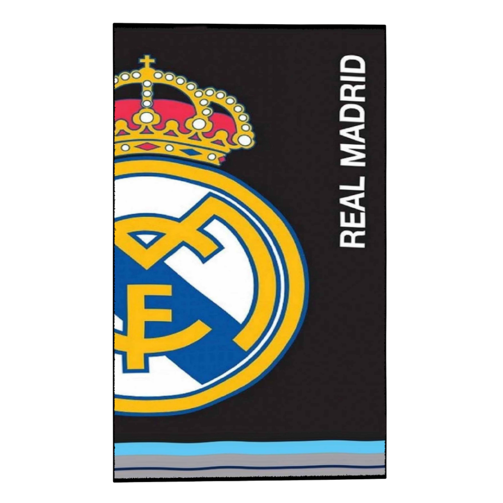 Vannitoa rätik „Real Madrid black towel“. Rätikud, 70x140 cm. Must rätik silmapaistva jalgpalliklubi „real madrid“ logo ja valge kirjaga „real madrid“, näidatud eestvaates.