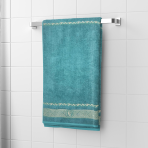 Vannitoa rätik „Seafoam olympian“. Rätikud, 70x140 cm. Türkiissinine rätik kreeka kuldse ornamentiga allservas