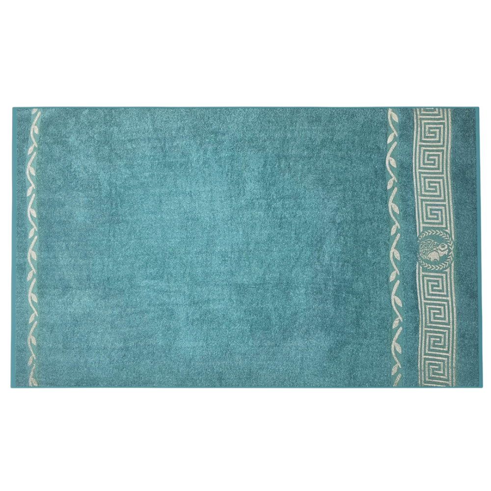 Vannitoa rätik „Seafoam olympian“. Rätikud, 70x140 cm. Erks türkiissinine rätik klassikalise kuldse ornamentrihmaga